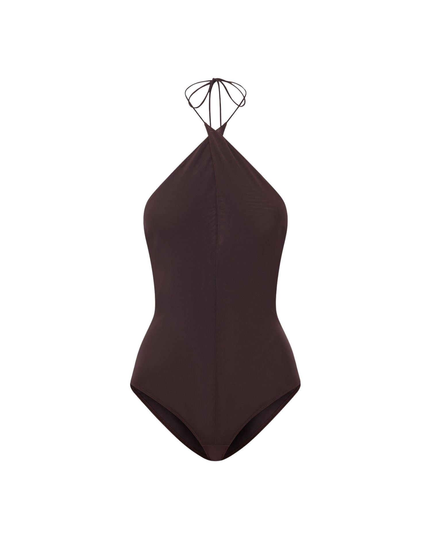 Alex Perry Cross Tie Halter Bodysuit in Stretch Mesh, Smoke