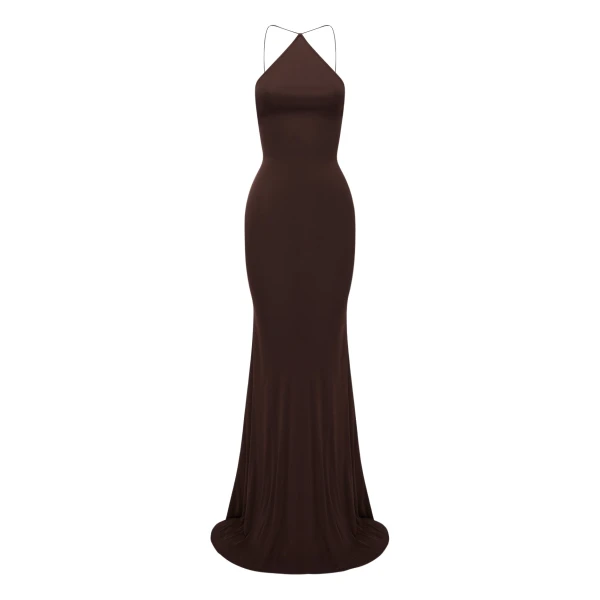 Alex Perry Halter Gown in Dry Jersey, Carob