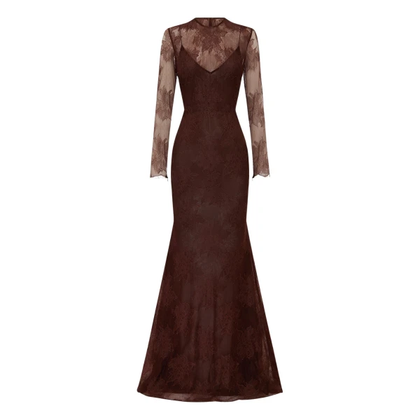 Alex Perry Long Sleeve Gown in Lace, Cacao