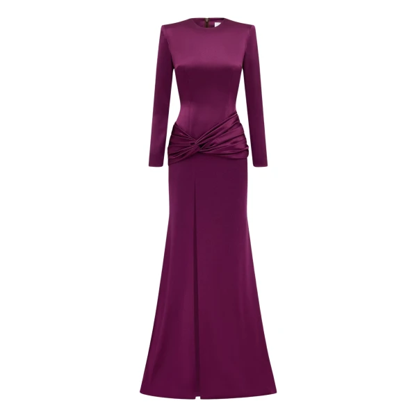 Alex Perry Long Sleeve Knot Gown in Satin Crepe, Plum