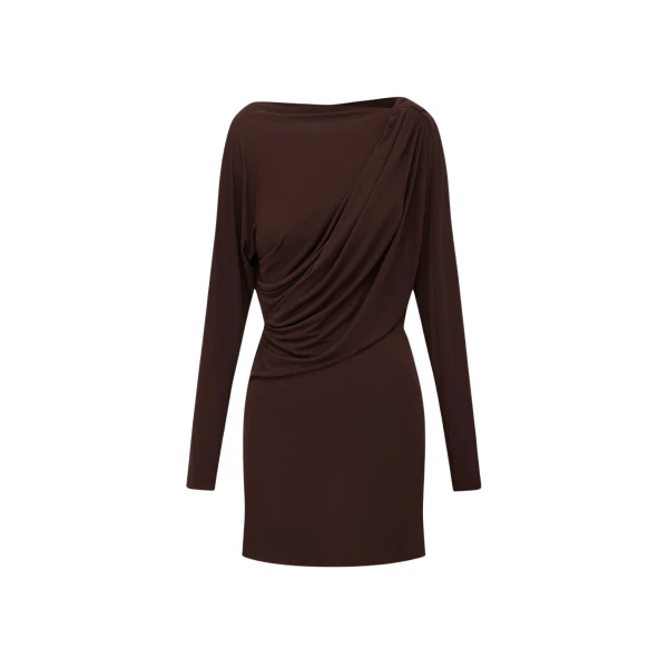 Alex Perry Long Sleeve Open Back Drape Mini Dress in Dry Jersey, Carob