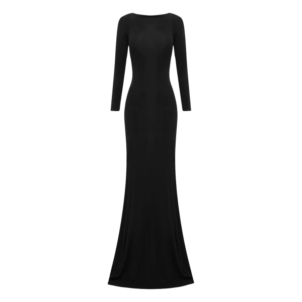 Alex Perry Long Sleeve Open Back Gown in Dry Jersey, Black