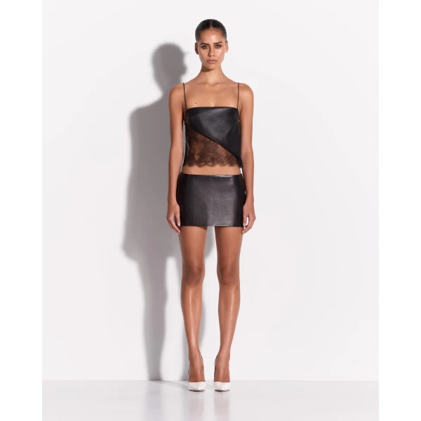 Alex Perry Low Rise Mini Skirt in Leather, Black, view 2