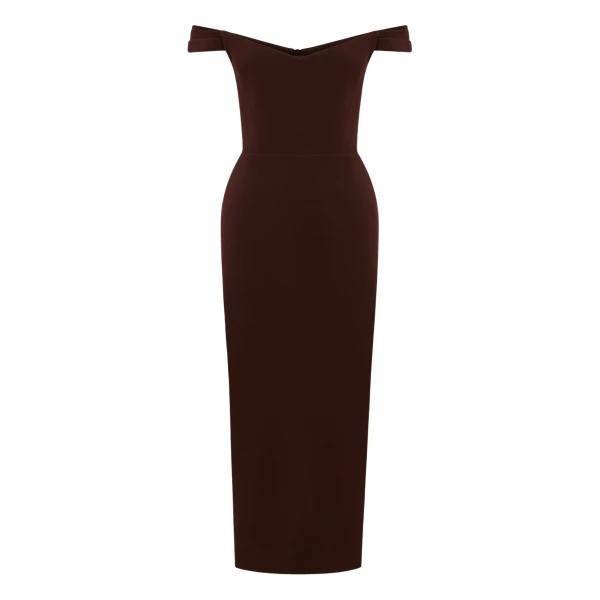 Alex Perry Off Shoulder Dress in Stretch Crepe, Cacao