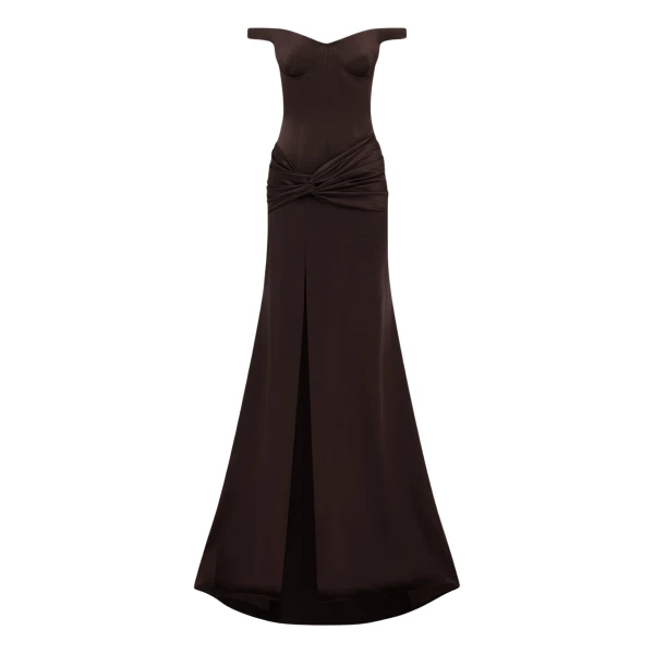 Alex Perry Off Shoulder Knot Gown in Satin Crepe, Cacao