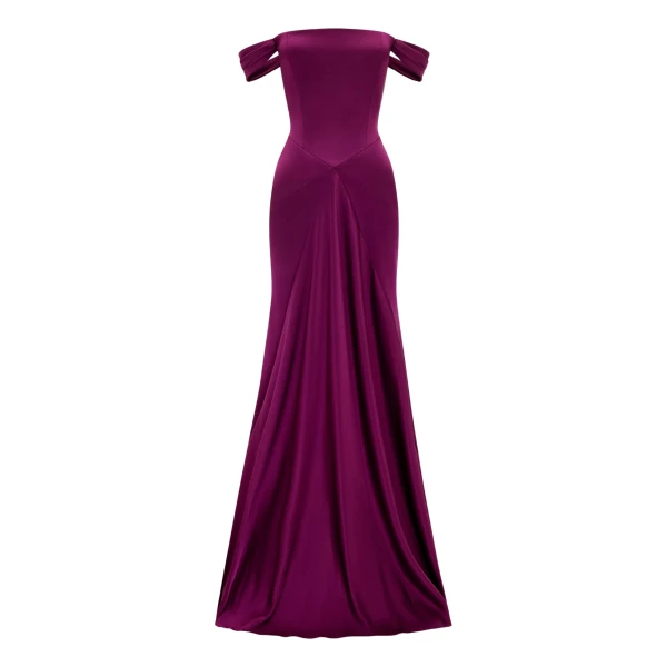 Alex Perry Off Shoulder Panelled Gown in Satin Crepe, Plum