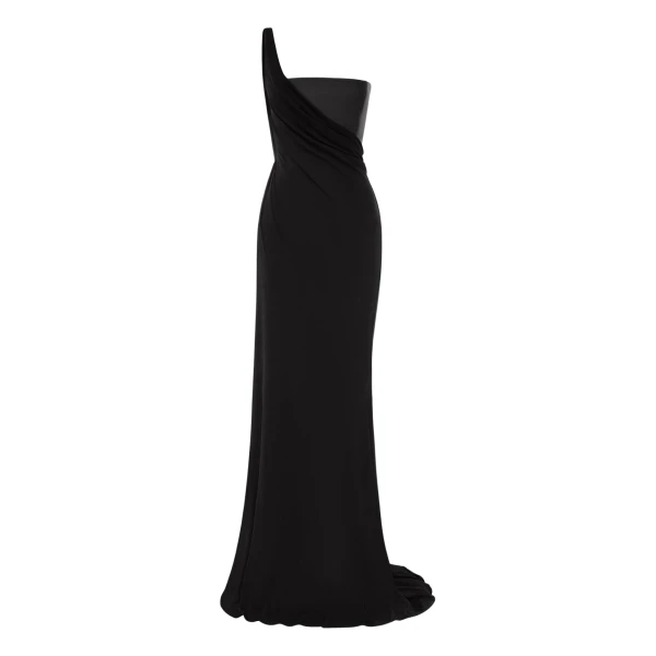 Alex Perry One Shoulder Asymmetric Gown in Leather & Jersey, Black