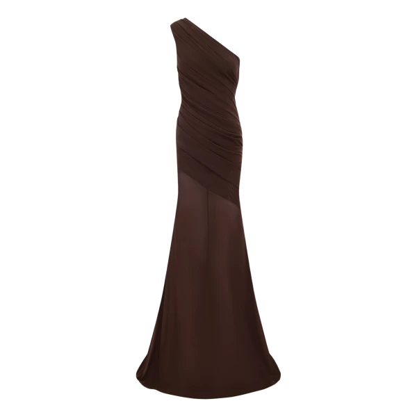 Alex Perry One Shoulder Tucked Gown in Stretch Mesh, Smoke