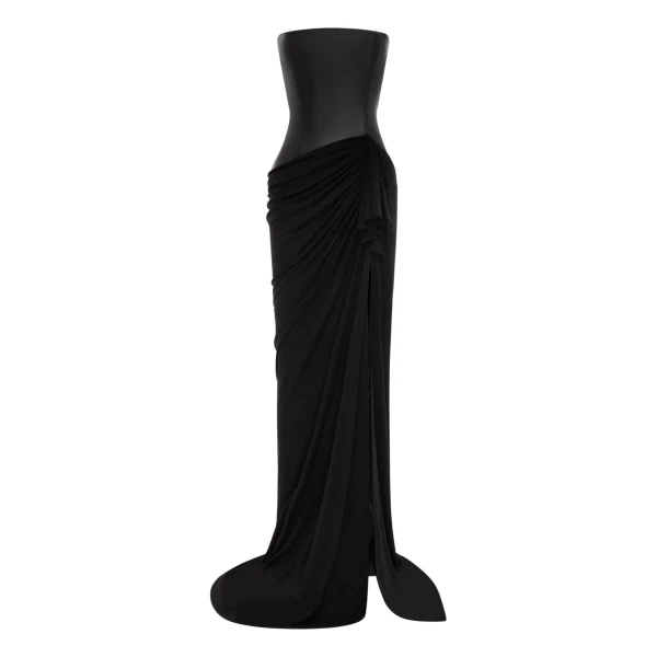 Alex Perry Strapless Asymmetric Gown in Leather & Jersey, Black