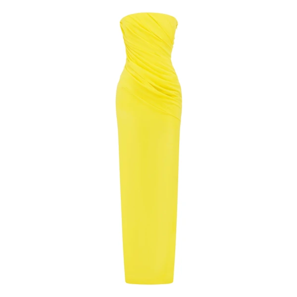 Alex Perry Strapless Tucked Column in Stretch Mesh, Yellow Dress
