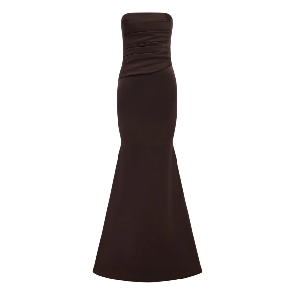 Alex Perry Strapless Tucked Gown in Satin Crepe, Cacao