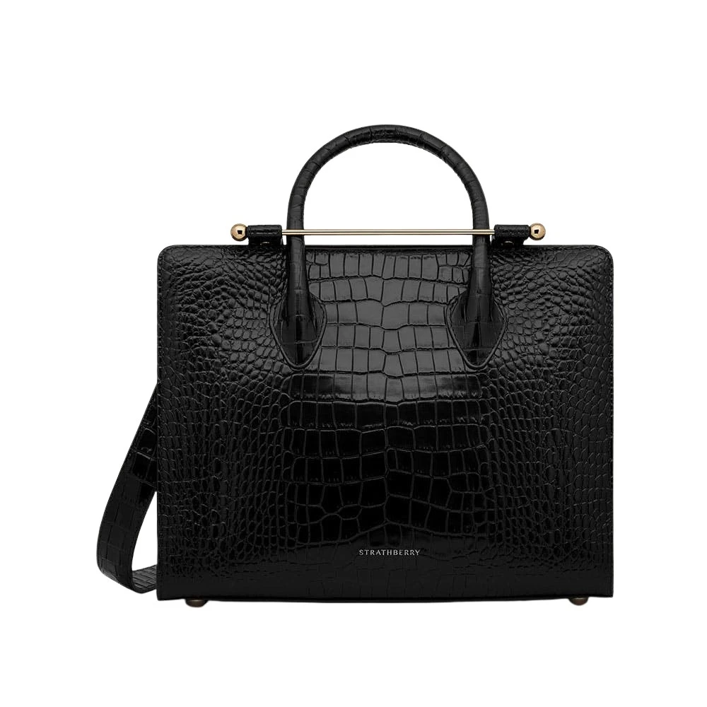 Black-Midi-Tote-in-Croc-embossed-Leather-Black72772_nobg Strathberry Midi Tote bag