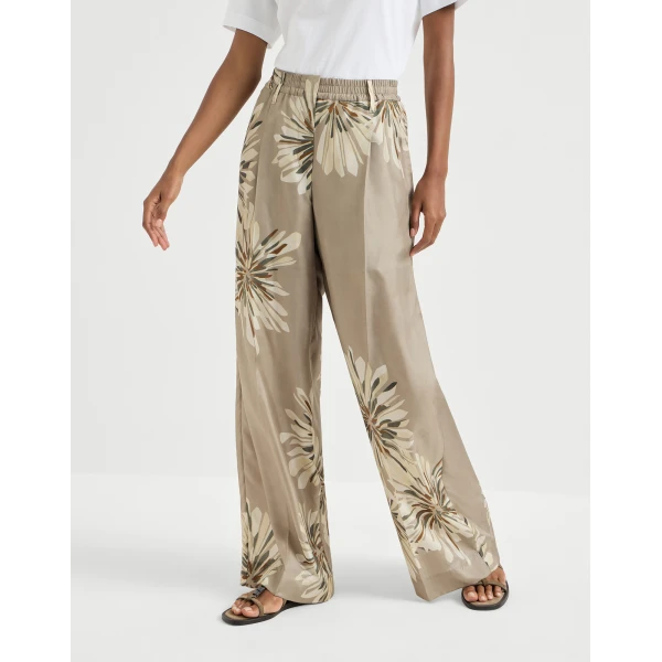 Bloom print pongee trousers