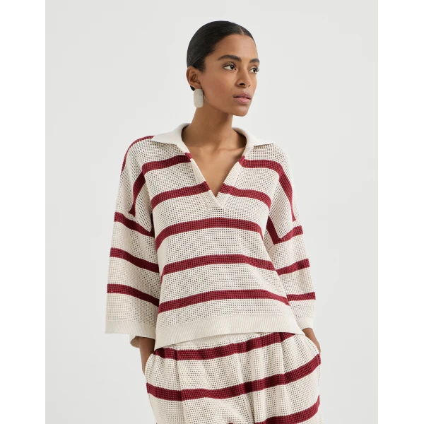Cotton striped net knit polo shirt