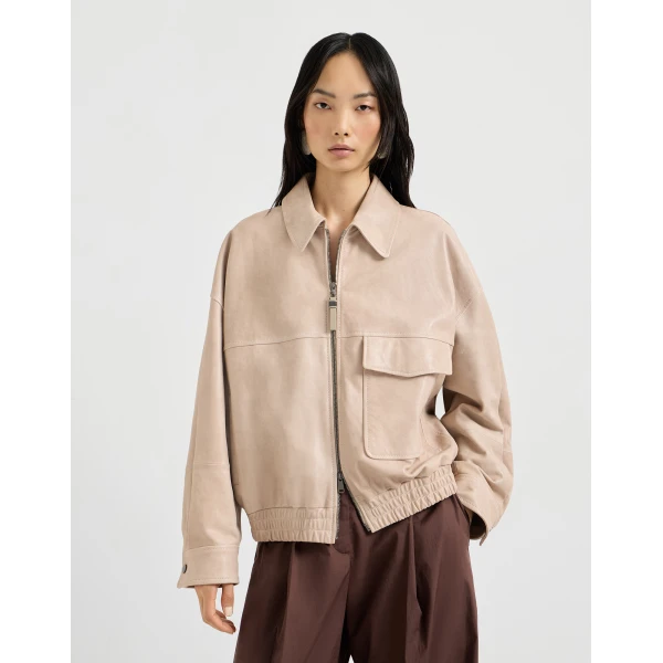 Glossy nappa leather outerwear jacket