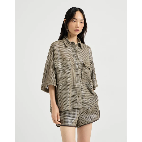 Sparkling leather net shirt