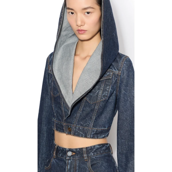 Alaia Cropped Hooded Denim Jacket, view 4
