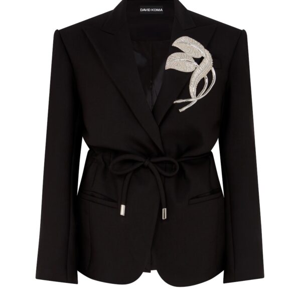 David Koma Crystal Leaf Tie Waist Jacket In Black
