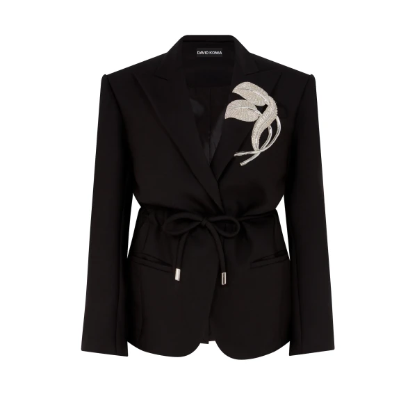 David Koma Crystal Leaf Tie Waist Jacket In Black