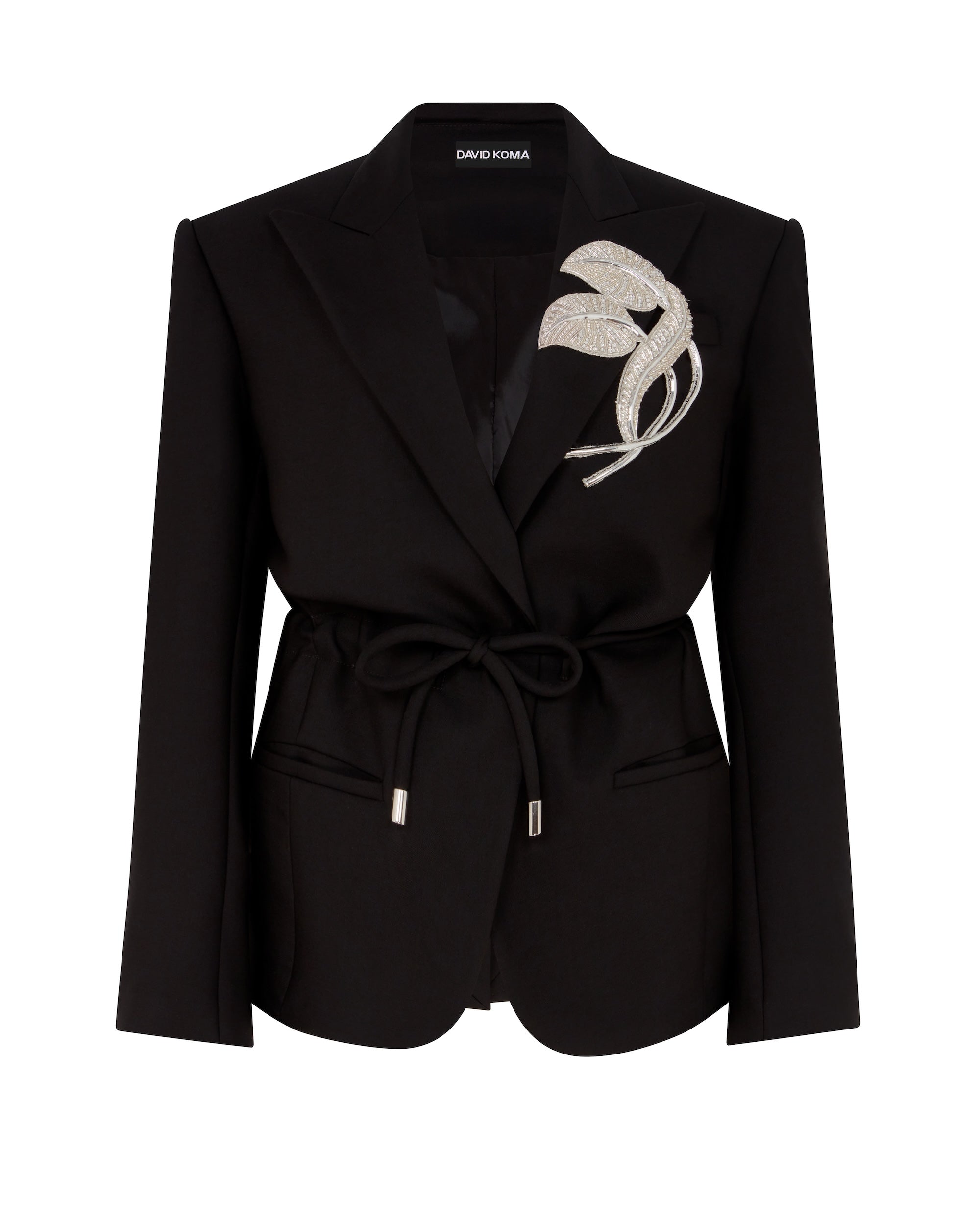 David Koma Crystal Leaf Tie Waist Jacket In Black