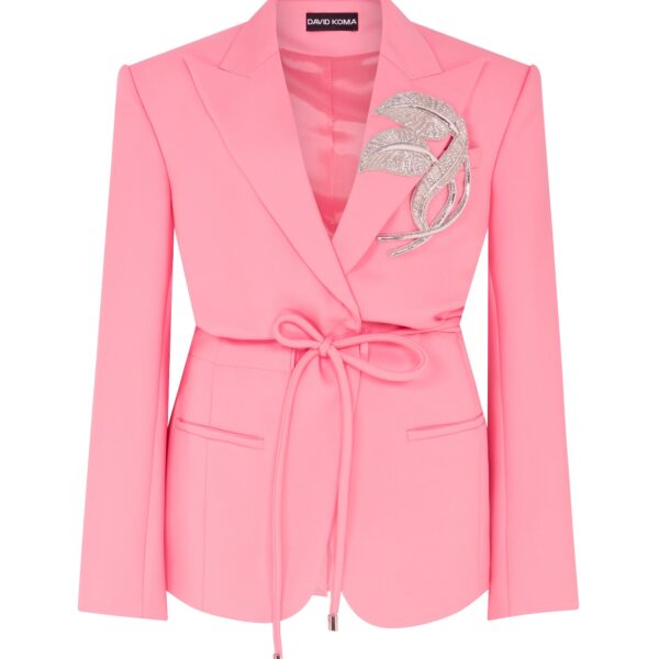 David Koma Crystal Leaf Tie Waist Jacket In Pink