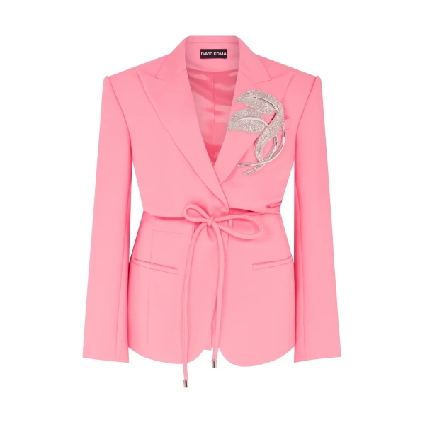 Crystal Leaf Tie Waist Jacket In Pink