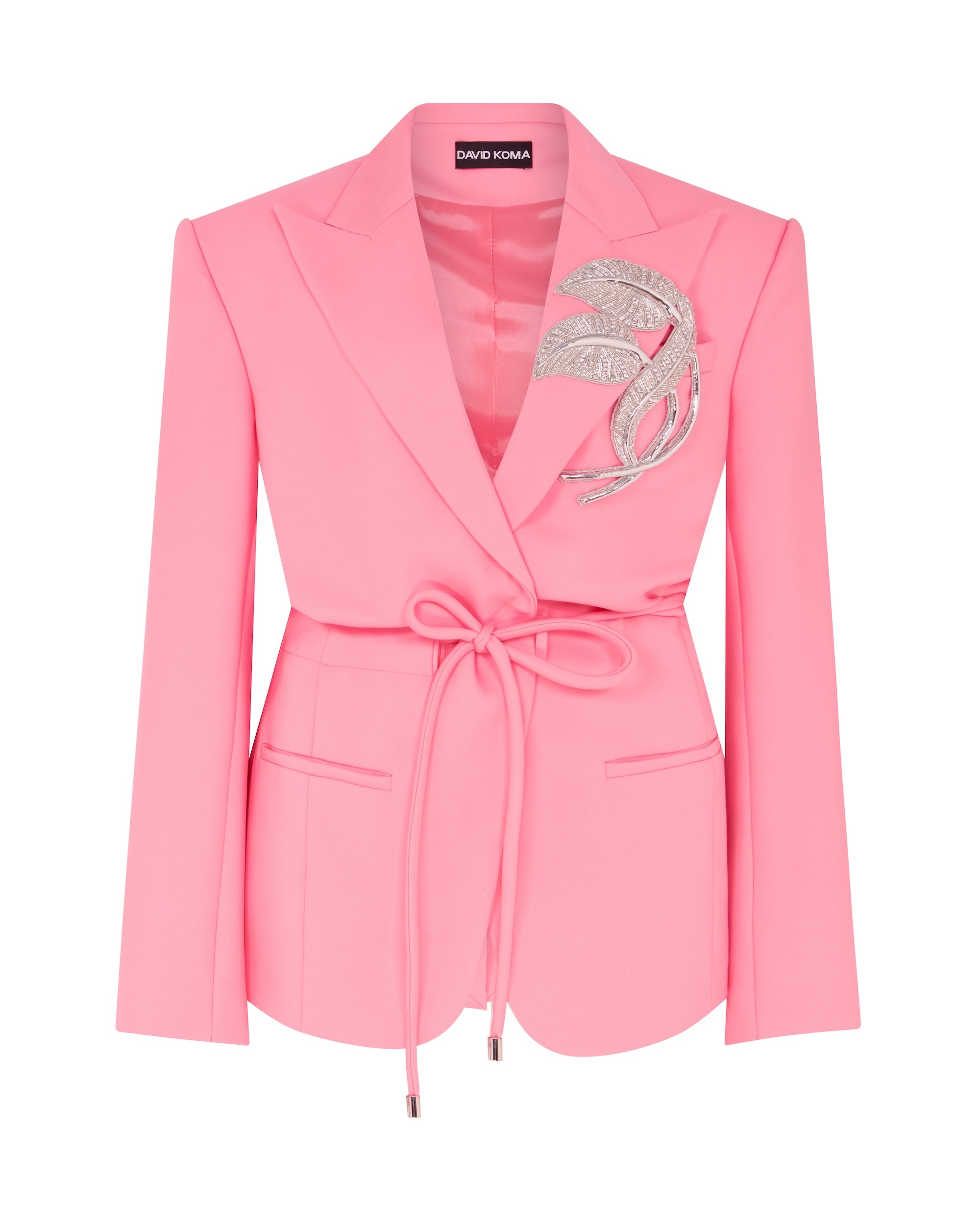 David Koma Crystal Leaf Tie Waist Jacket In Pink