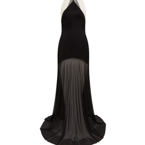 David Koma Satin Halterneck Gown With Mesh Skirt Black