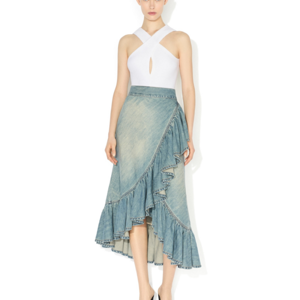 Alaïa Denim Ruffle Skirt - ALAÏA Skirts - Laser Cut Luxury - Shop at Coveti