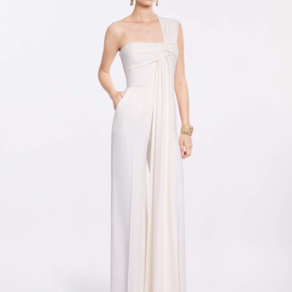 Elie Saab Asymmetric Cady Jumpsuit in White featuring  – Luxury Designer Fashion at Coveti.