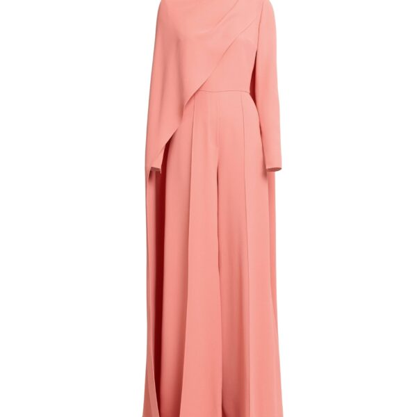 Elie Saab Asymmetrical Cape Cady Jumpsuit in Pink featuring  – Luxury Designer Fashion at Coveti.