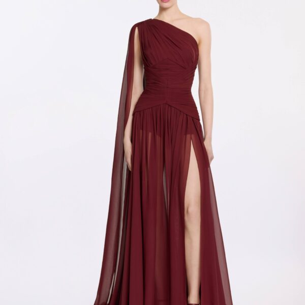 Elie Saab Asymmetrical Silk Dress in Red featuring  – Luxury Designer Fashion at Coveti.