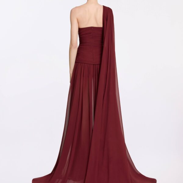 Elie Saab Asymmetrical Silk Dress in Red featuring  – Luxury Designer Fashion at Coveti.