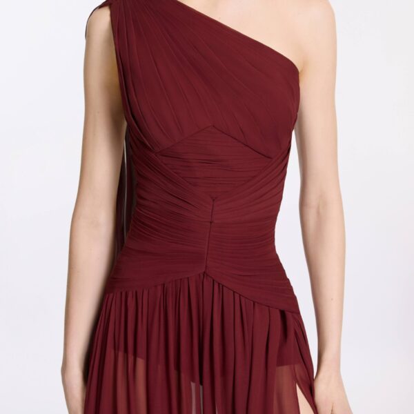 Elie Saab Asymmetrical Silk Dress in Red featuring  – Luxury Designer Fashion at Coveti.