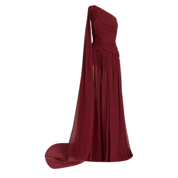 Elie Saab Asymmetrical Silk Dress in Red featuring  – Luxury Designer Fashion at Coveti.
