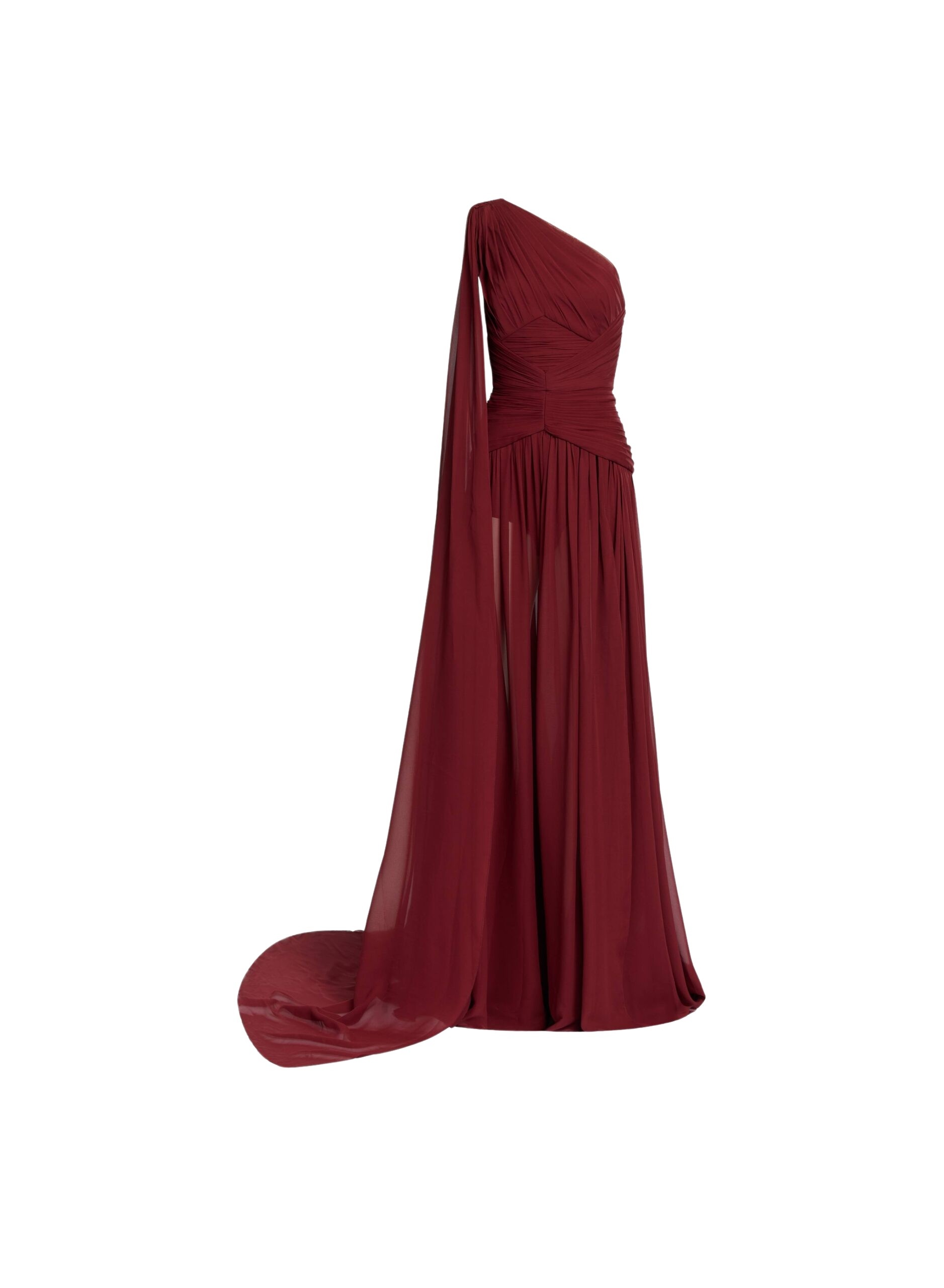 Elie Saab Asymmetrical Silk Dress in Red featuring  – Luxury Designer Fashion at Coveti.