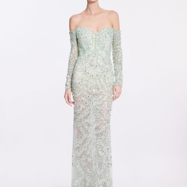 Elie Saab Bead Embroidered Gown in Green featuring  – Luxury Designer Fashion at Coveti.