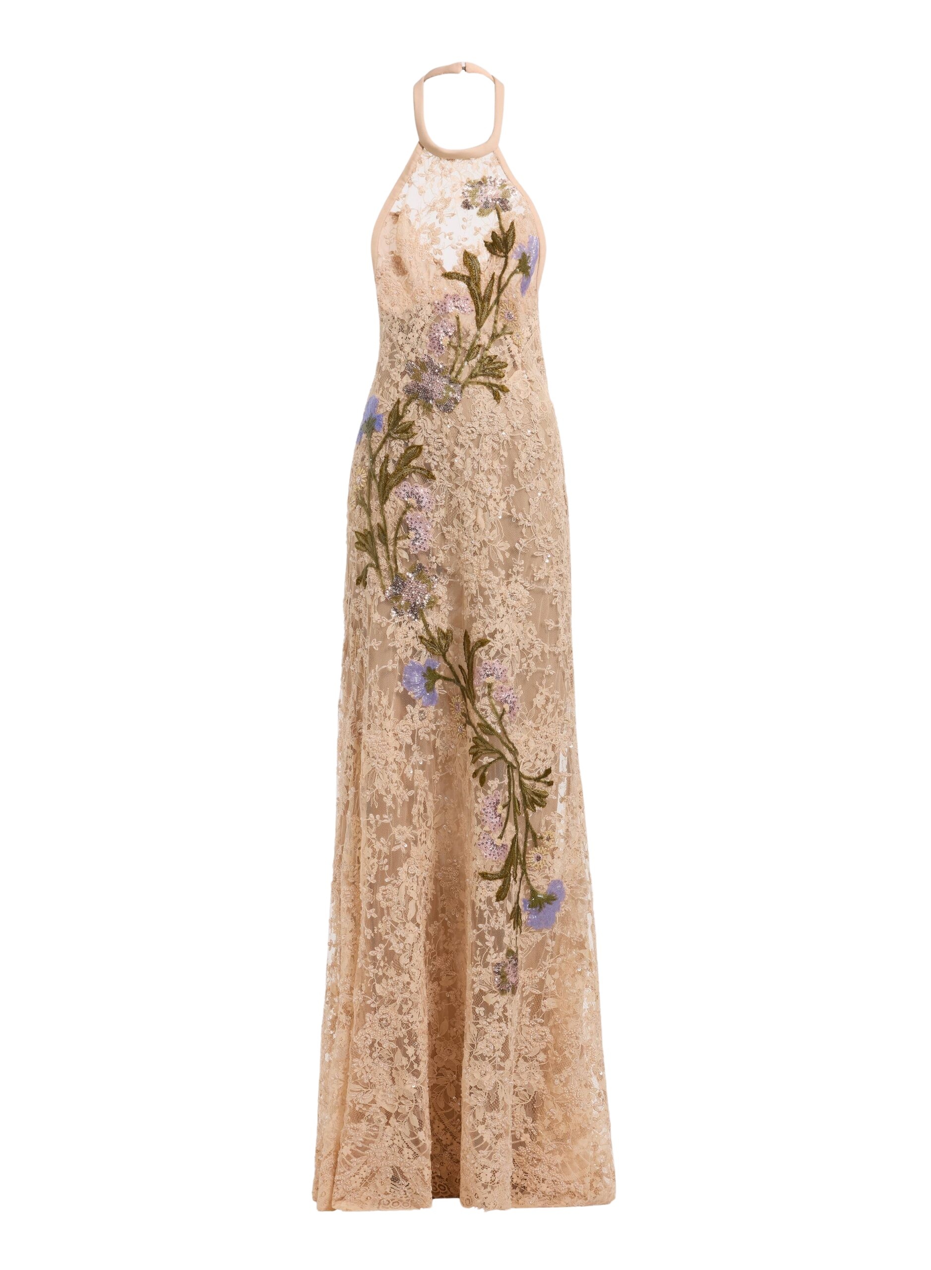 Elie Saab Bead Embroidered Lace Dress in Neutrals featuring  – Luxury Designer Fashion at Coveti.