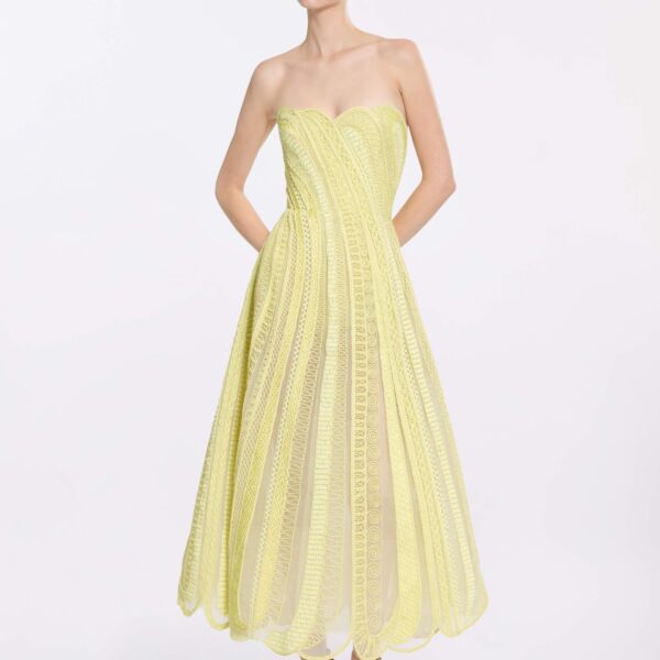 Elie Saab Bead Embroidered Midi Dress in Yellow featuring  – Luxury Designer Fashion at Coveti.