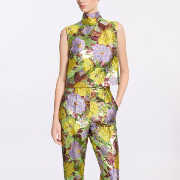 Elie Saab Brocade High Neck Top in Multicolour featuring  – Luxury Designer Fashion at Coveti.