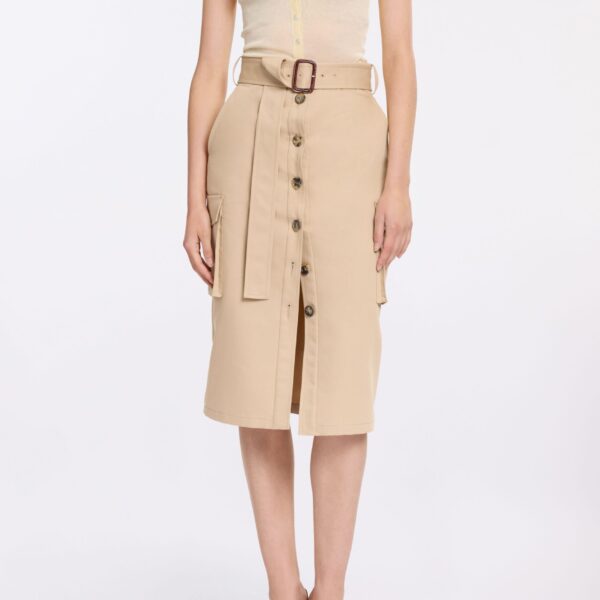 Elie Saab Cotton Drill Midi Skirt in Beige featuring  – Luxury Designer Fashion at Coveti.