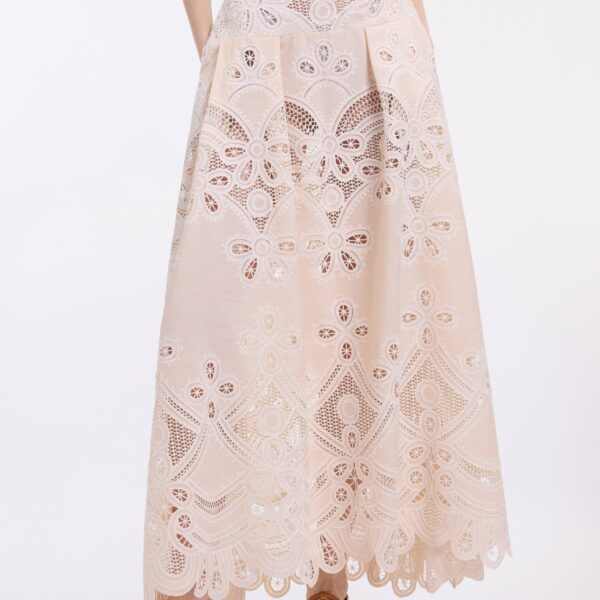 Elie Saab Cotton Embroidered Skirt in Ivory featuring  – Luxury Designer Fashion at Coveti.