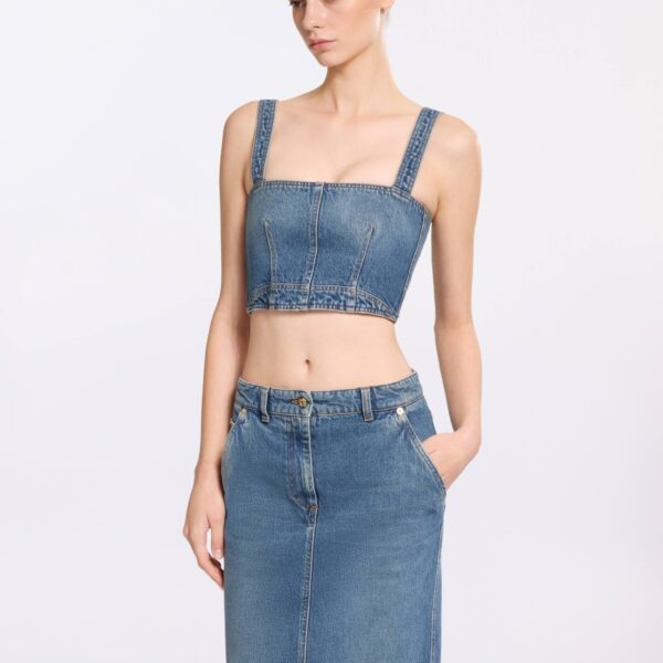 Elie Saab Denim Crop Top in Blue featuring  – Luxury Designer Fashion at Coveti.