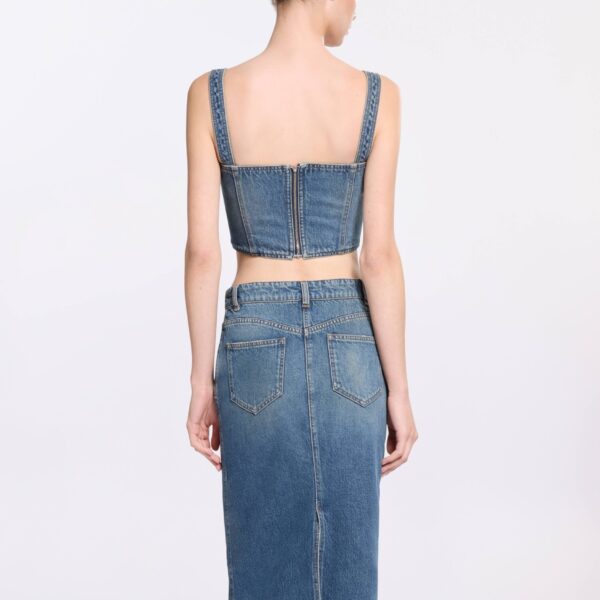 Elie Saab Denim Crop Top in Blue featuring  – Luxury Designer Fashion at Coveti.
