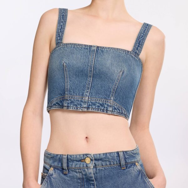 Elie Saab Denim Crop Top in Blue featuring  – Luxury Designer Fashion at Coveti.
