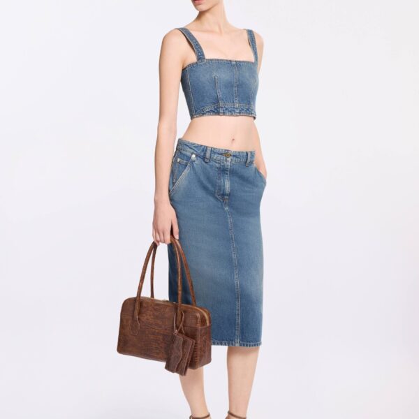 Elie Saab Denim Crop Top in Blue featuring  – Luxury Designer Fashion at Coveti.