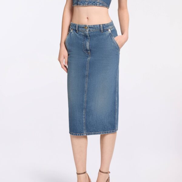 Elie Saab Denim Pencil Skirt in Blue featuring  – Luxury Designer Fashion at Coveti.