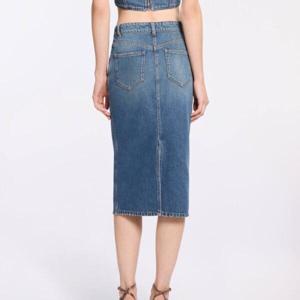 Elie Saab Denim Pencil Skirt in Blue featuring  – Luxury Designer Fashion at Coveti.
