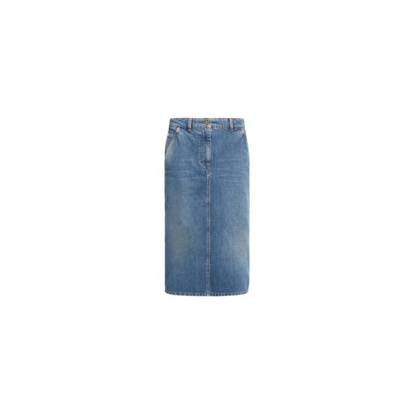 Elie Saab Denim Pencil Skirt in Blue featuring  – Luxury Designer Fashion at Coveti.