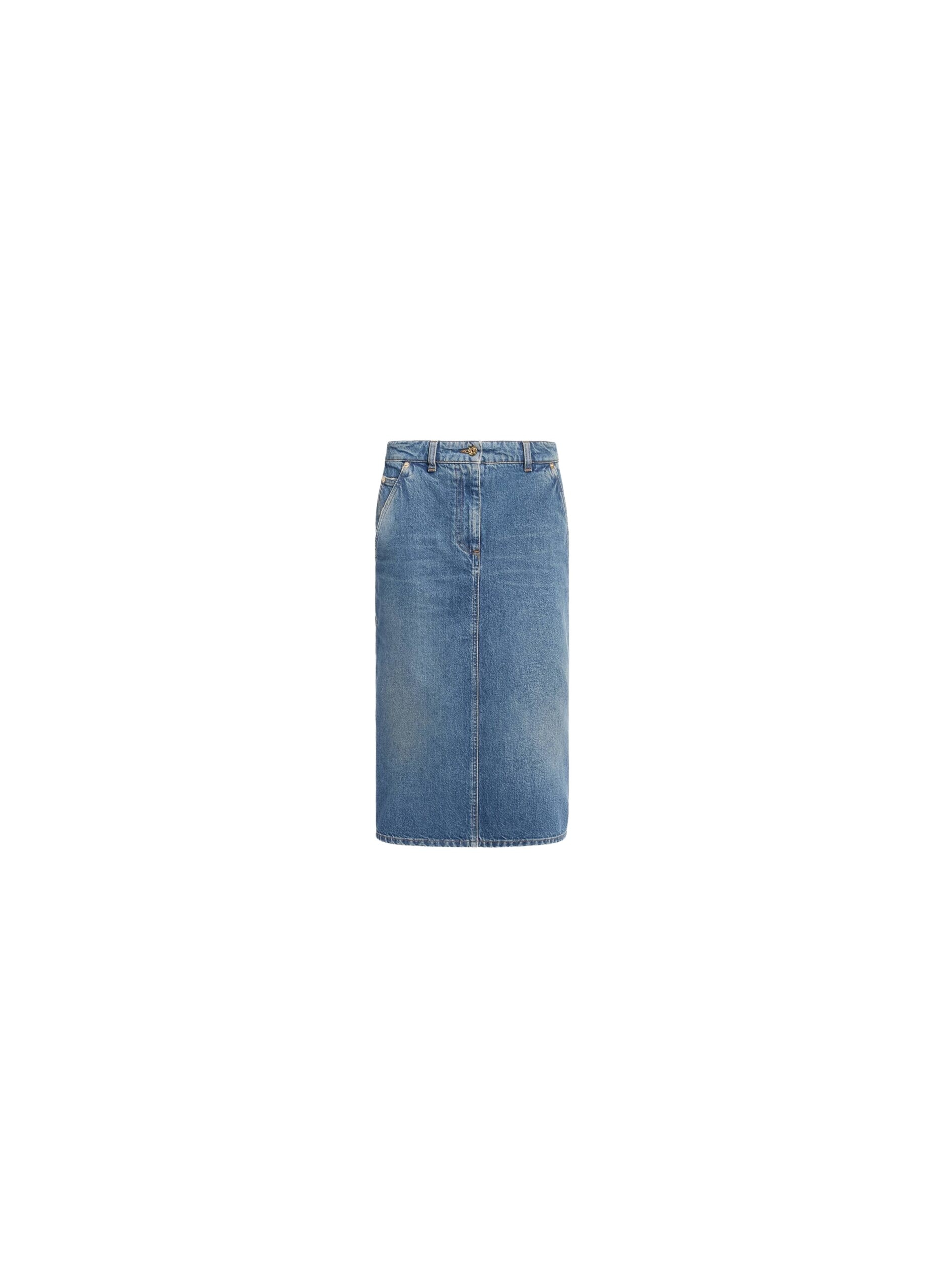 Elie Saab Denim Pencil Skirt in Blue featuring  – Luxury Designer Fashion at Coveti.
